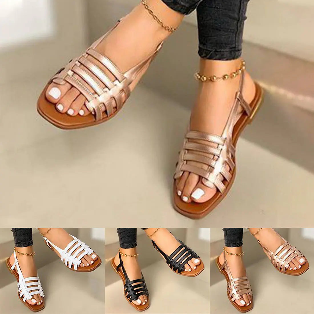 A pair of women's hollow flat summer sandals available in black, white, and metallic tones shown on feet.
