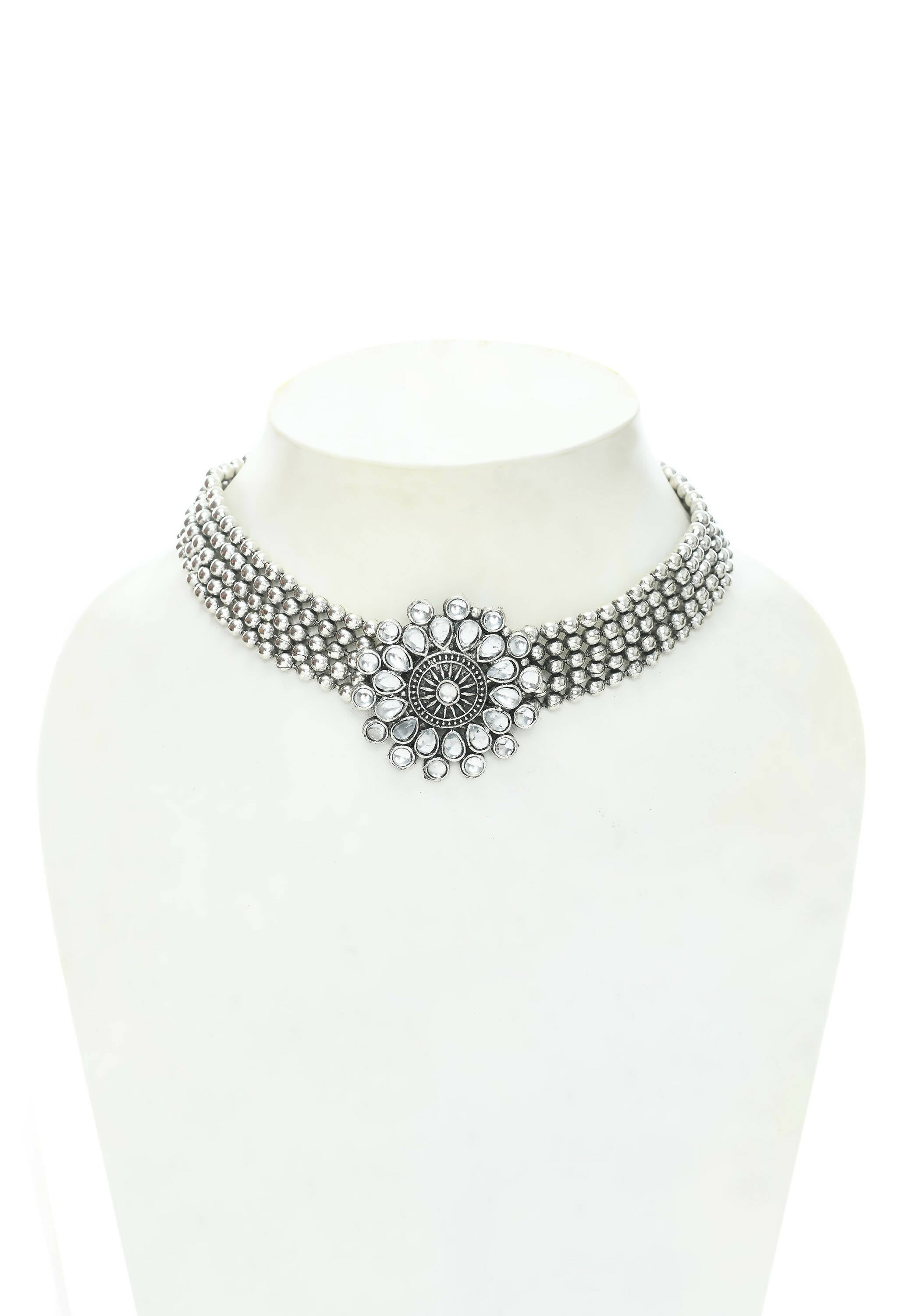 Kundan Oxidised Silver-Plated Choker Necklace for Women