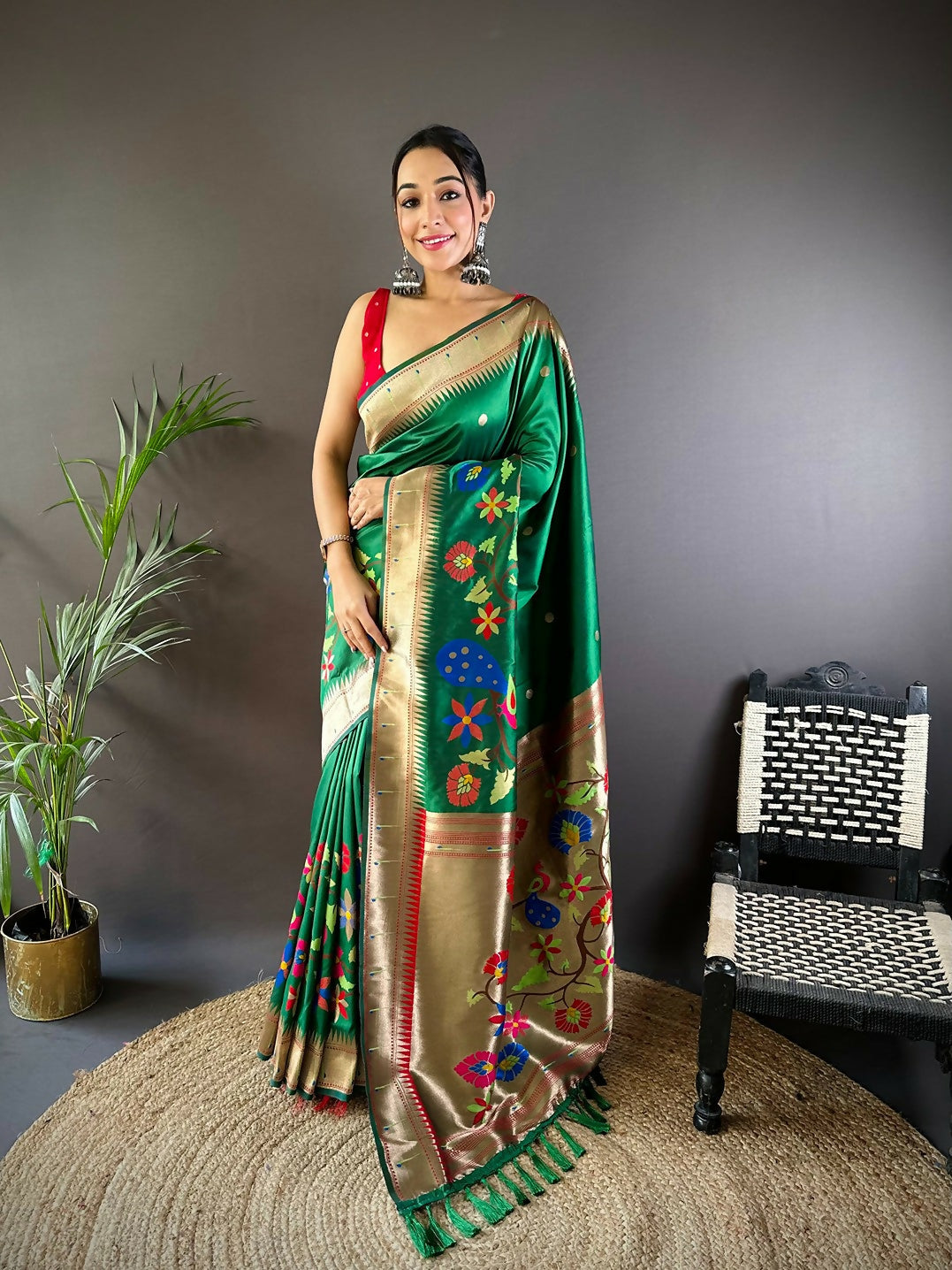 Red Paithani Saree with intricate traditional motifs and soft silk fabric finish