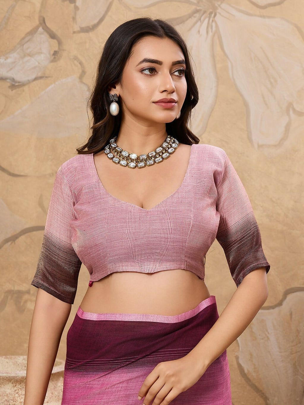 Rani Pink Linen Saree with Matching Blouse - Breathable Ethnic Wear