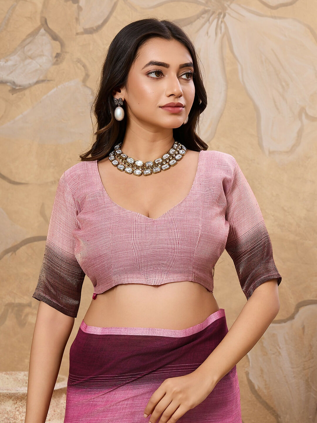 Rani Pink Linen Saree with Matching Blouse - Breathable Ethnic Wear