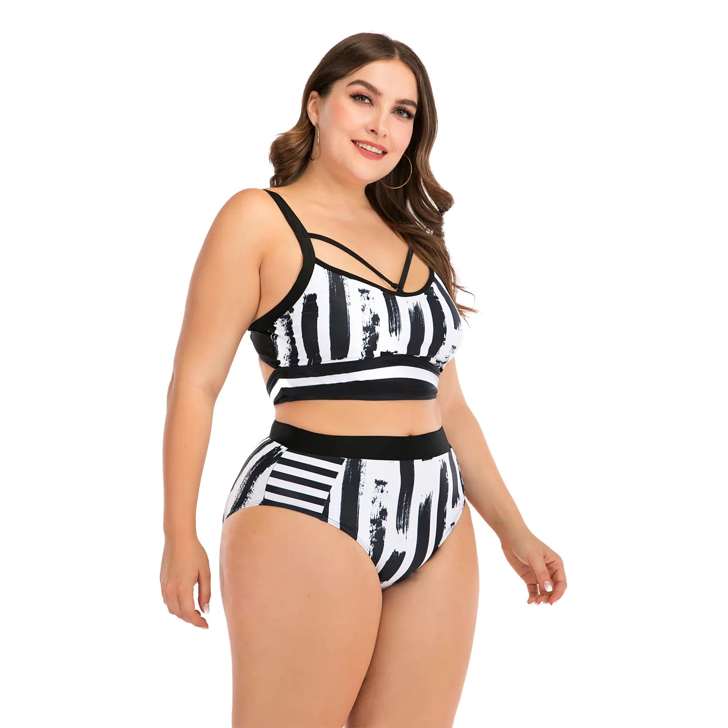 Women's Black and White Printed High Waist Bikini Swimsuit - Image 6