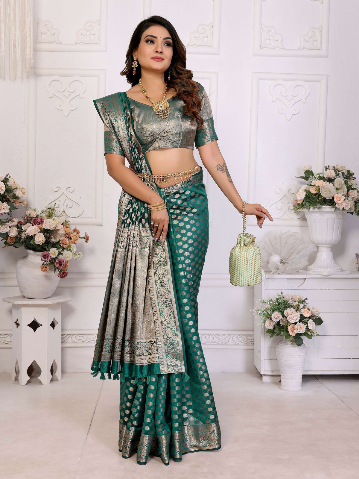 Green Organza Silk Weaving Saree with Matching Blouse Piece