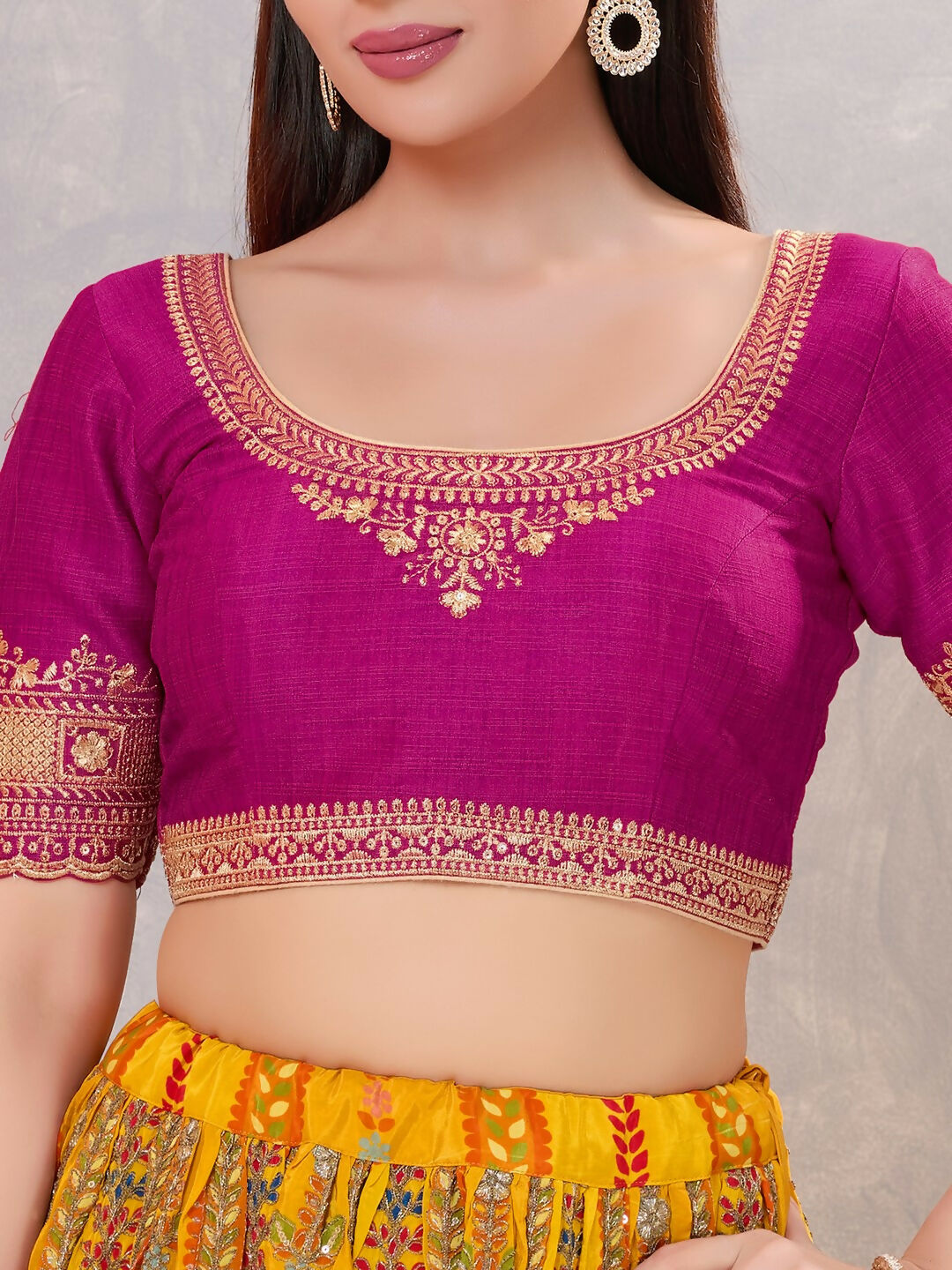 Women's Purple Silk Round Neck Stitched Blouse