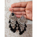 Black metal and silk thread oxidized Chandbali earrings for ethnic wear