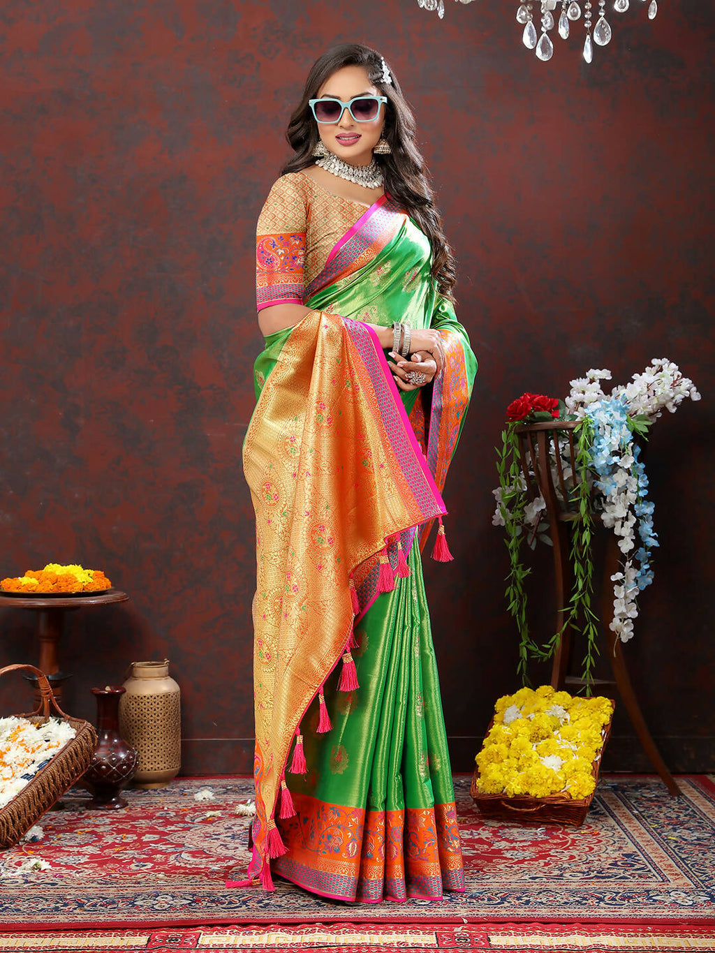 Navy Blue Kanjivaram Silk Saree featuring gold and copper Zari weaving with tassels