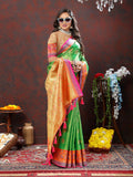 Navy Blue Kanjivaram Silk Saree featuring gold and copper Zari weaving with tassels
