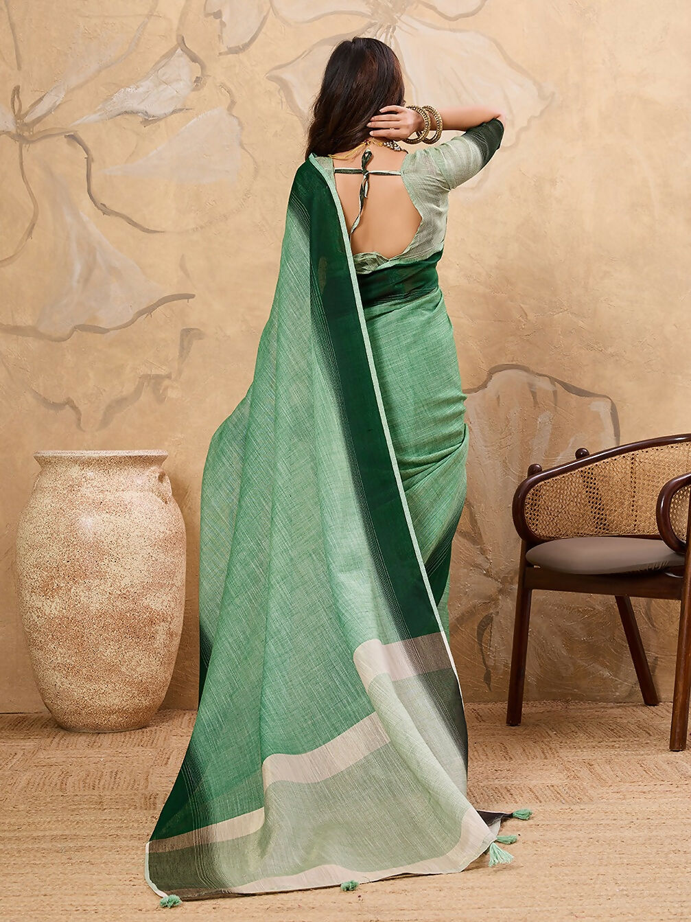 Pista Green Linen Saree with Matching Blouse Piece