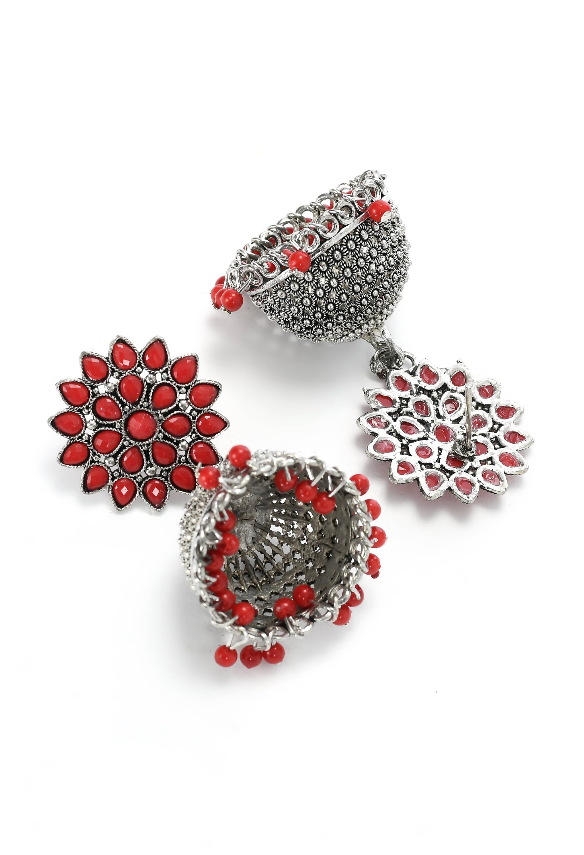 Kundan Work Jhumka Earrings with Red Beads for Festive Wear