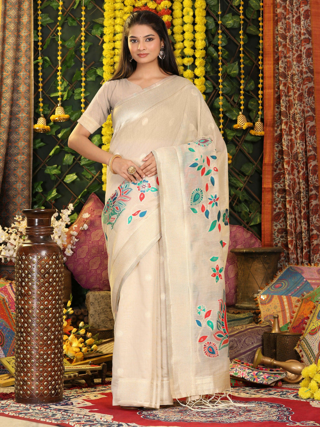 Shree Shyam Fashion Linen Cotton Cream Saree