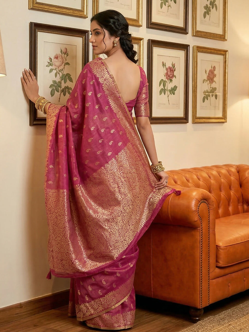 Wine Tissue Silk Saree with Matching Blouse Elegant Ethnic Wear
