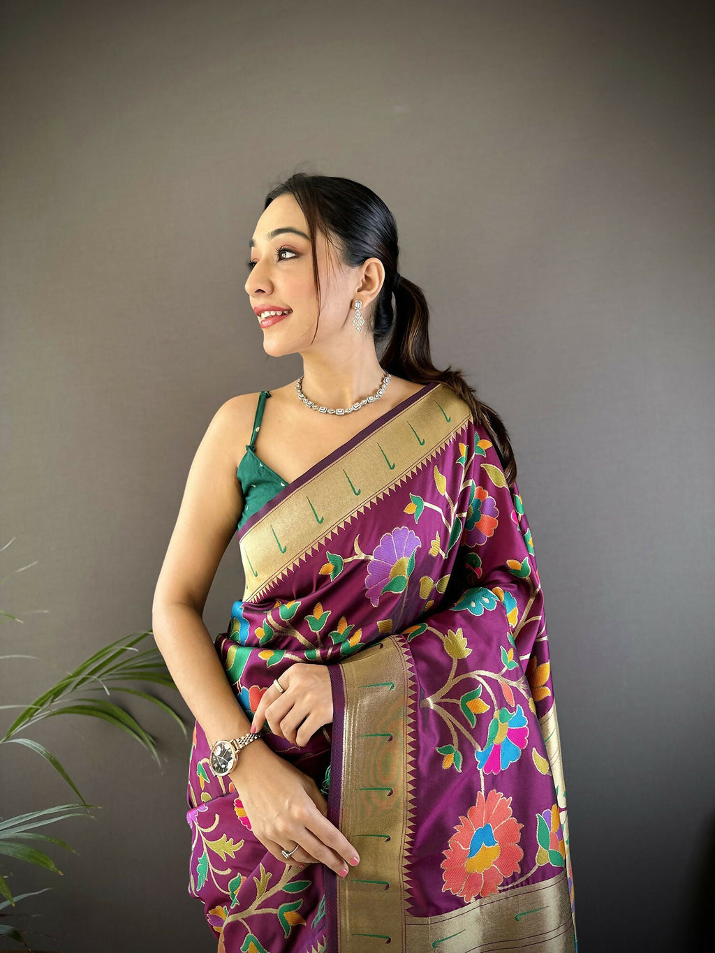 Wine Zari Woven Floral Motif Soft Silk Paithani Saree