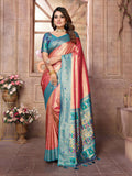 Red Banarasi tissue silk saree featuring intricate weaving patterns and a metallic luster.