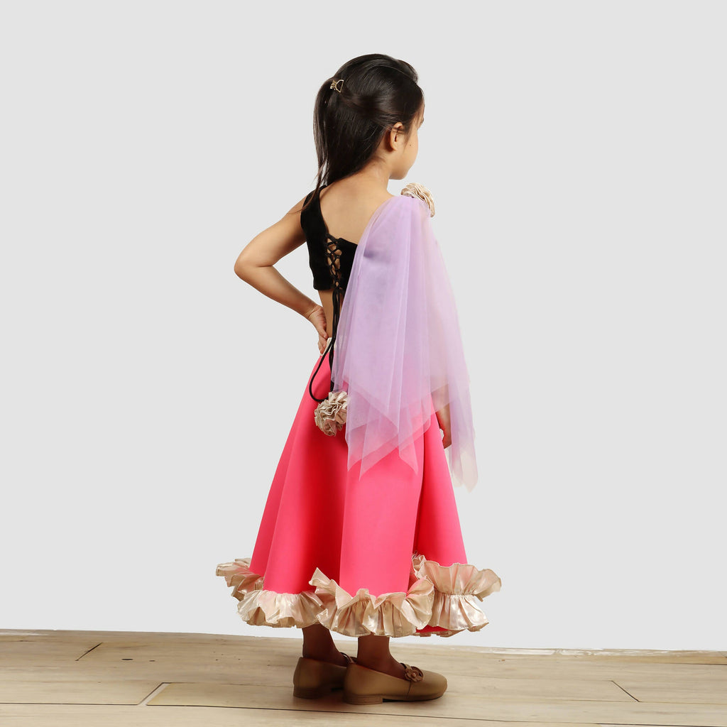 Black and Pink One Shoulder Ghagra Choli with Net Dupatta