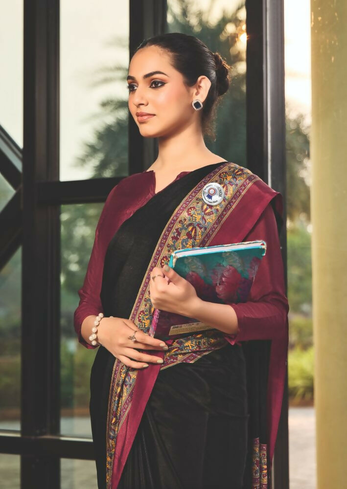 Black Crepe Silk Saree with Traditional Print for Party Wear