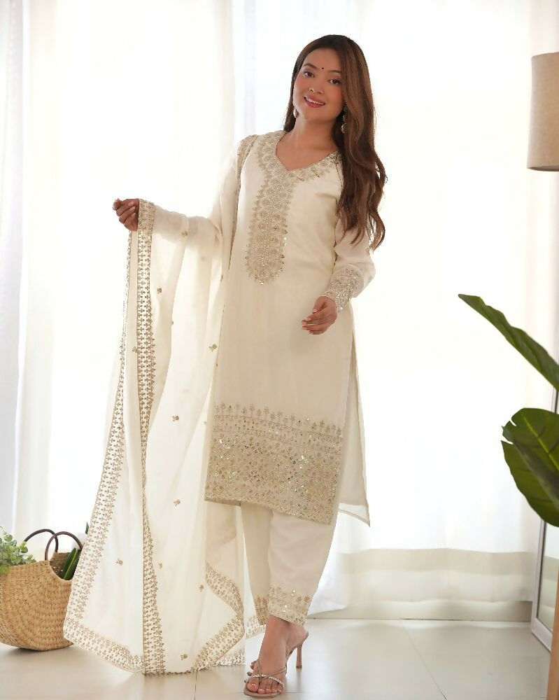 Elegant White Silk Kurta Set with Sequined Embroidery Work