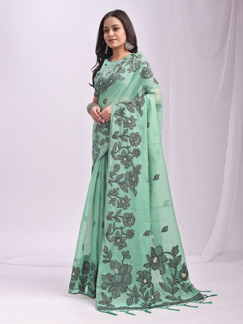Rama Green Linen Cotton Saree with Matching Blouse