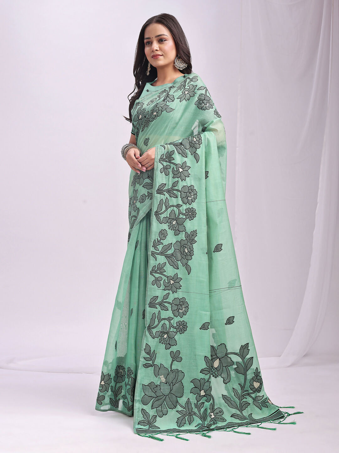 Rama Green Linen Cotton Saree with Matching Blouse