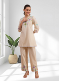Cream linen V-neck cord set with embroidery for semi-formal occasions