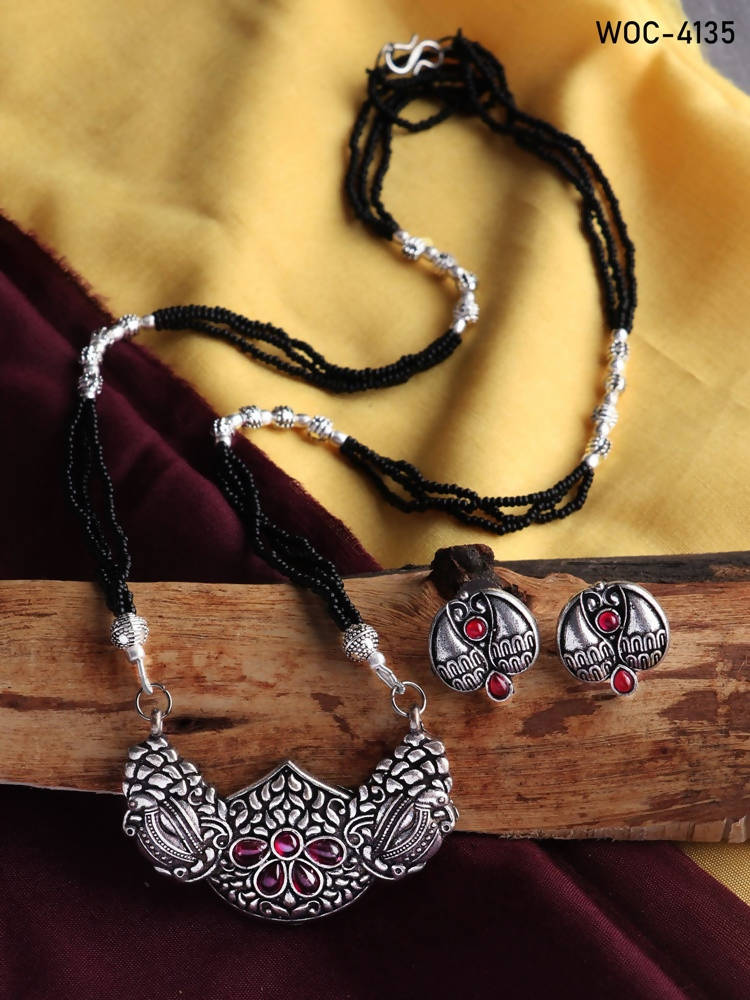 Johar Kamal Oxidised Silver Mangalsutra with Red Stone for Women