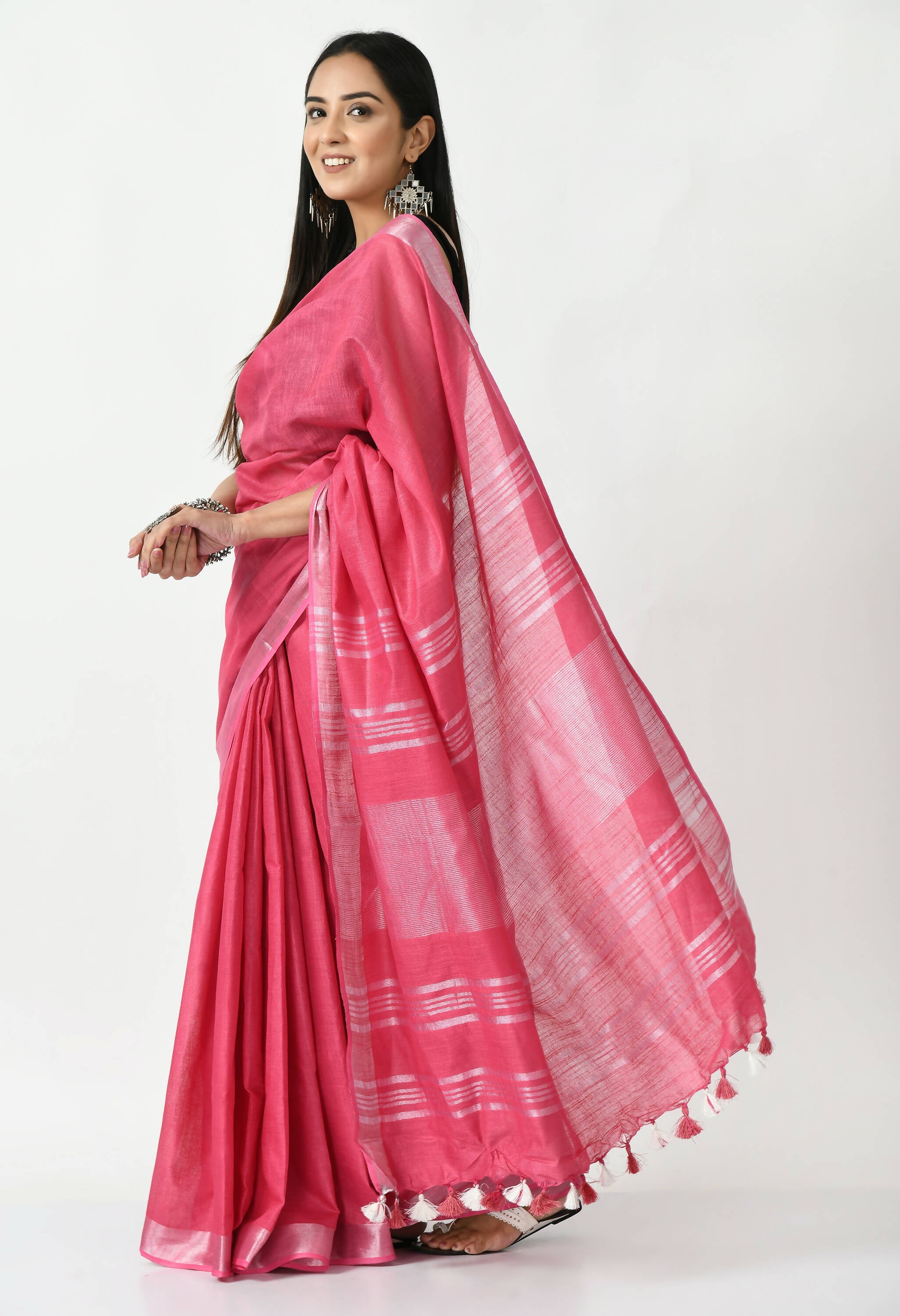 Moeza Pink Bhagalpuri Handloom Silk Linen Saree with Silver Detail