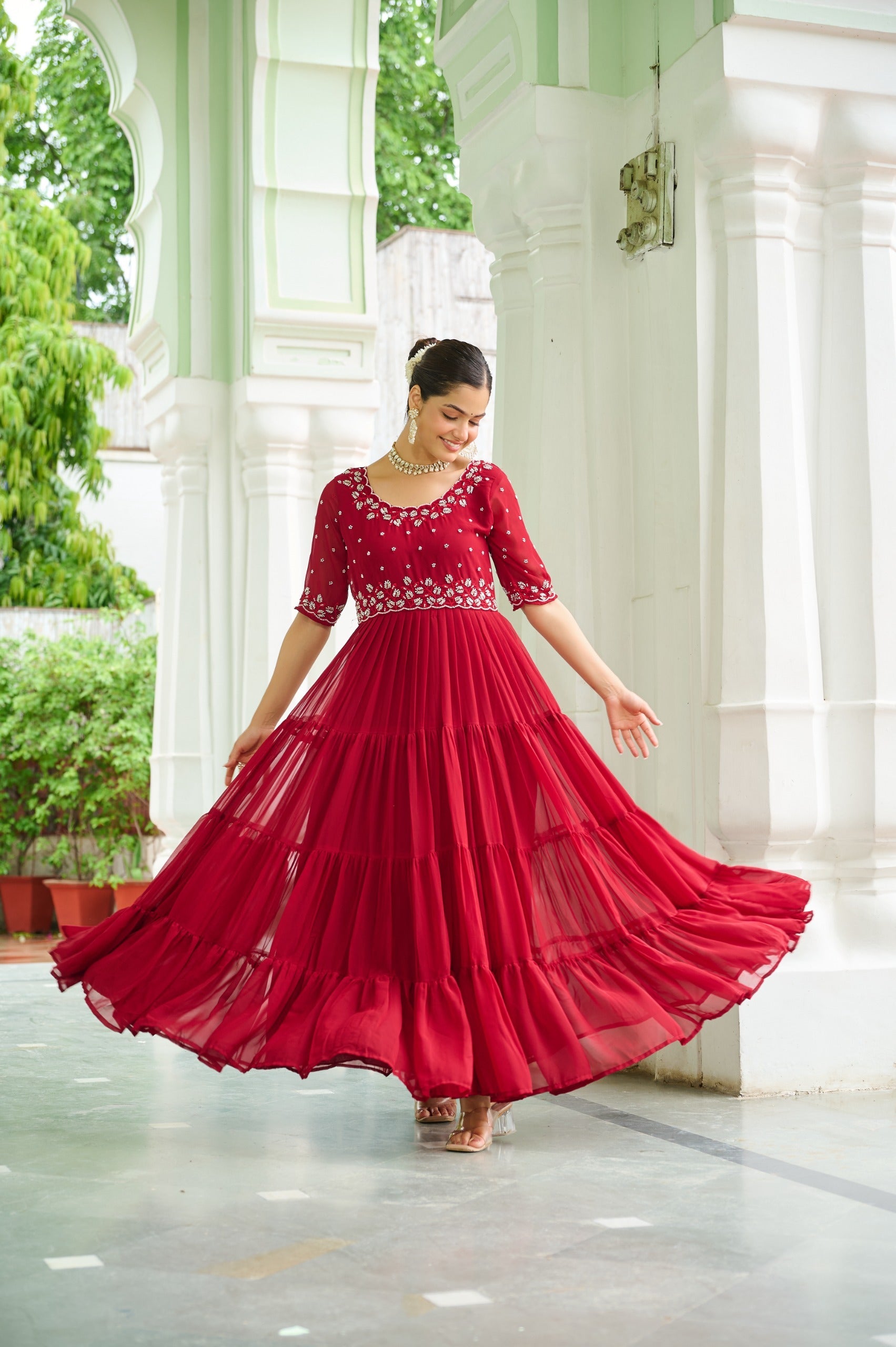 Maroon Georgette Beads Embroidery Designer Gown with 12 Meter Flair