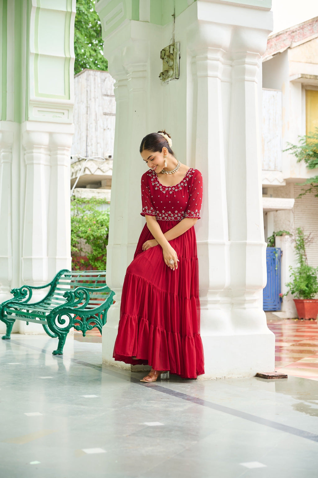 Maroon Georgette Beads Embroidery Designer Gown with 12 Meter Flair