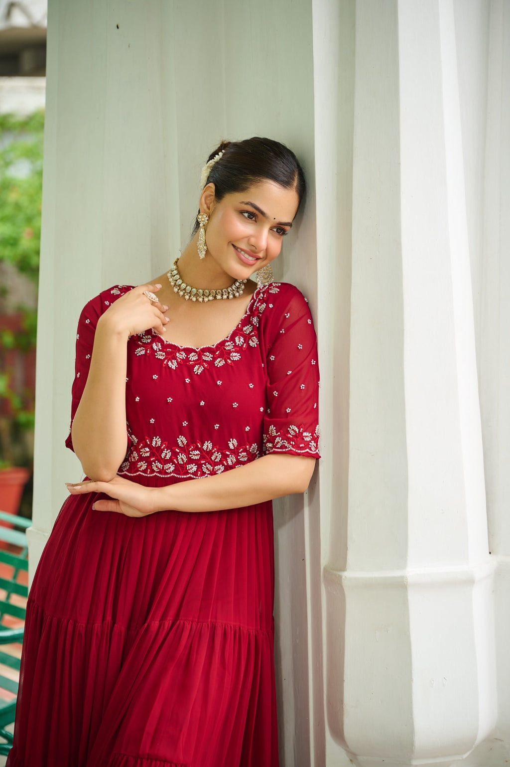 Maroon Georgette Beads Embroidery Designer Gown with 12 Meter Flair