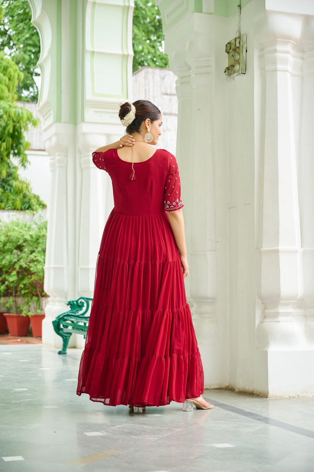 Maroon Georgette Beads Embroidery Designer Gown with 12 Meter Flair