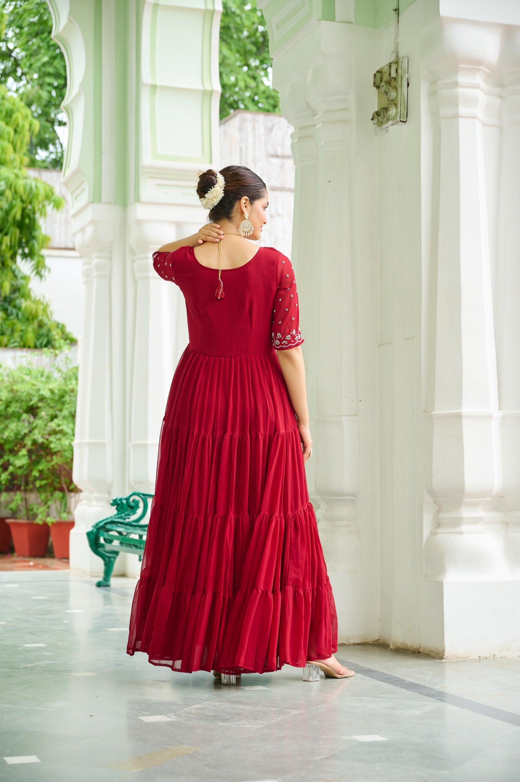 Maroon Georgette Beads Embroidery Designer Gown with 12 Meter Flair