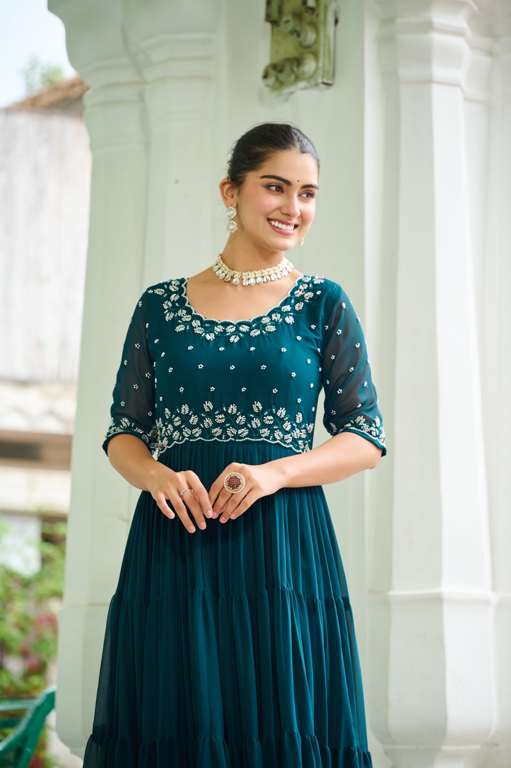 Rama Georgette Beads Embroidery Designer Gown