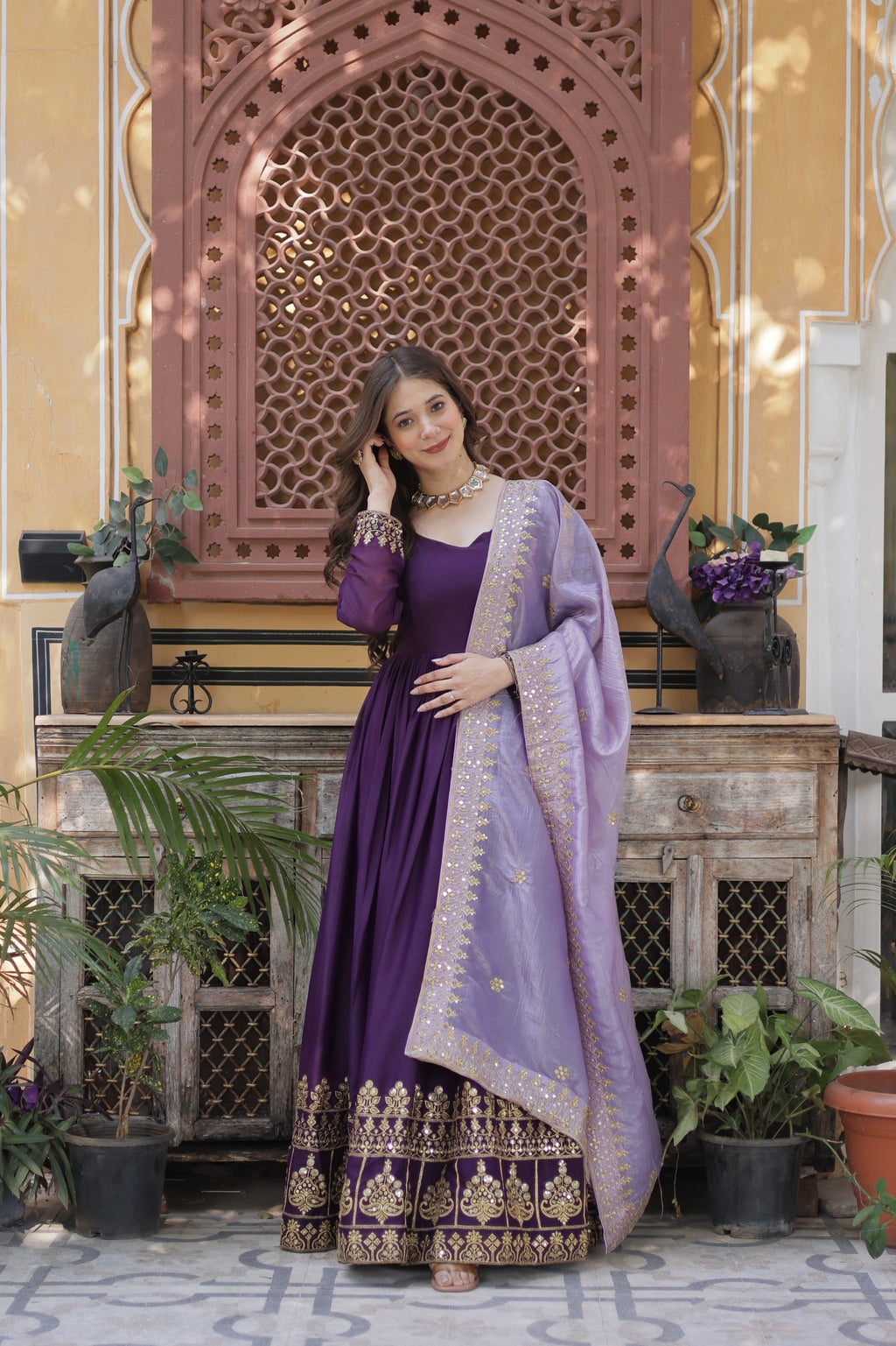 Violet Georgette Embroidered Sequins Gown with Dupatta