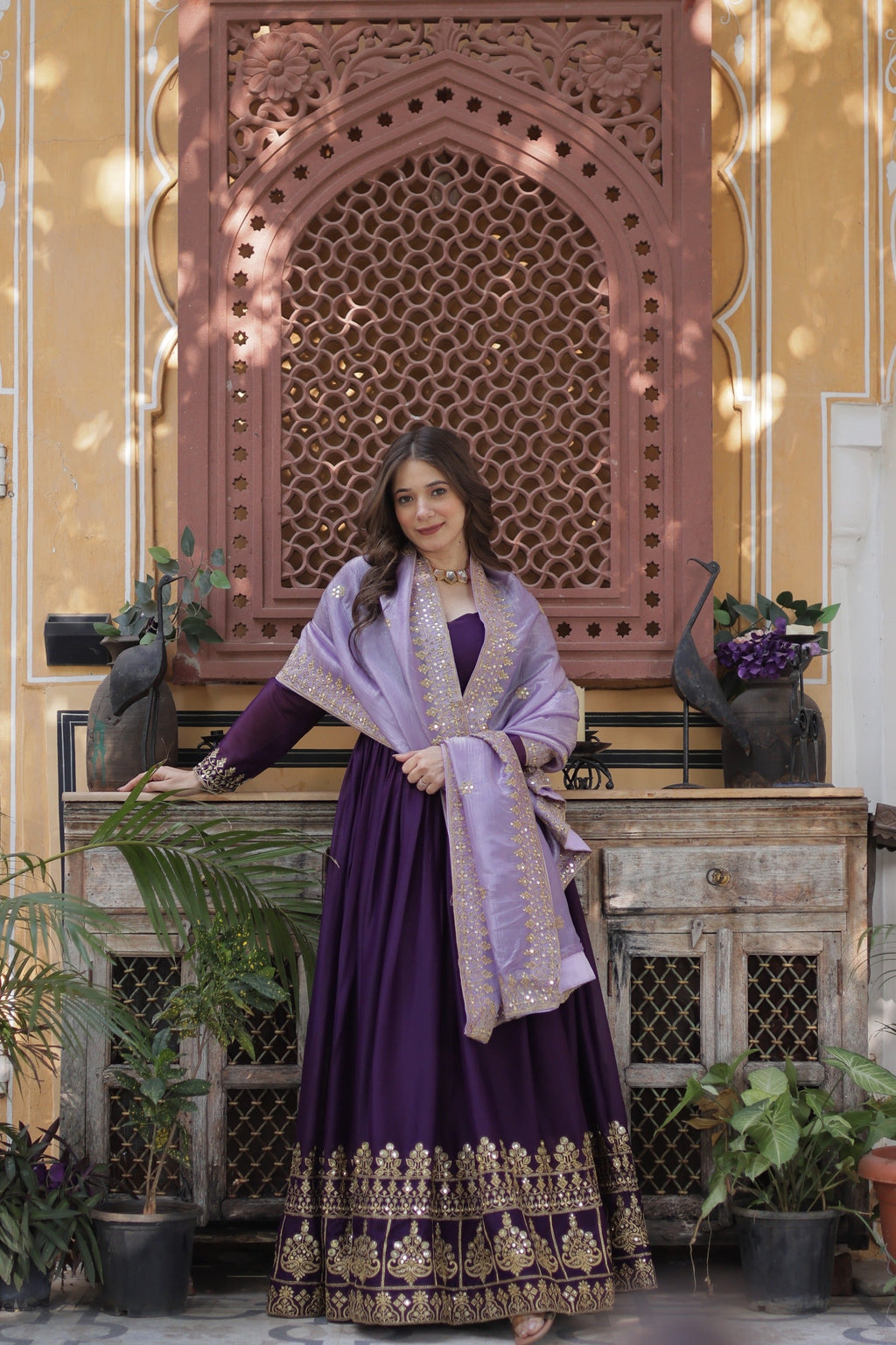 Violet Georgette Embroidered Sequins Gown with Dupatta