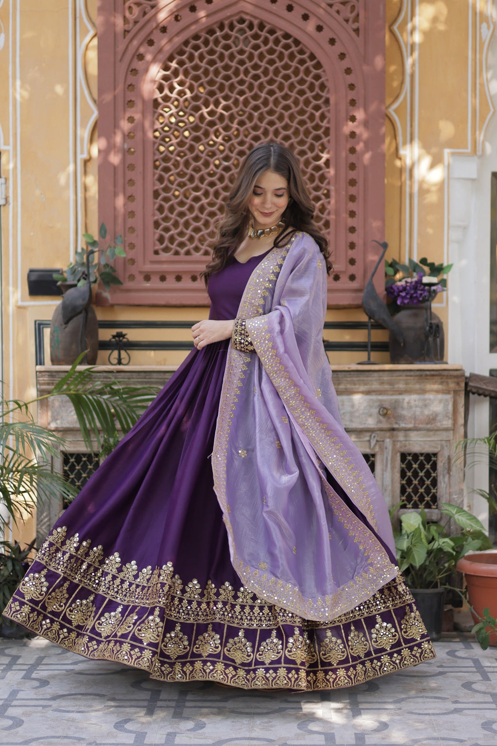 Violet Georgette Embroidered Sequins Gown with Dupatta