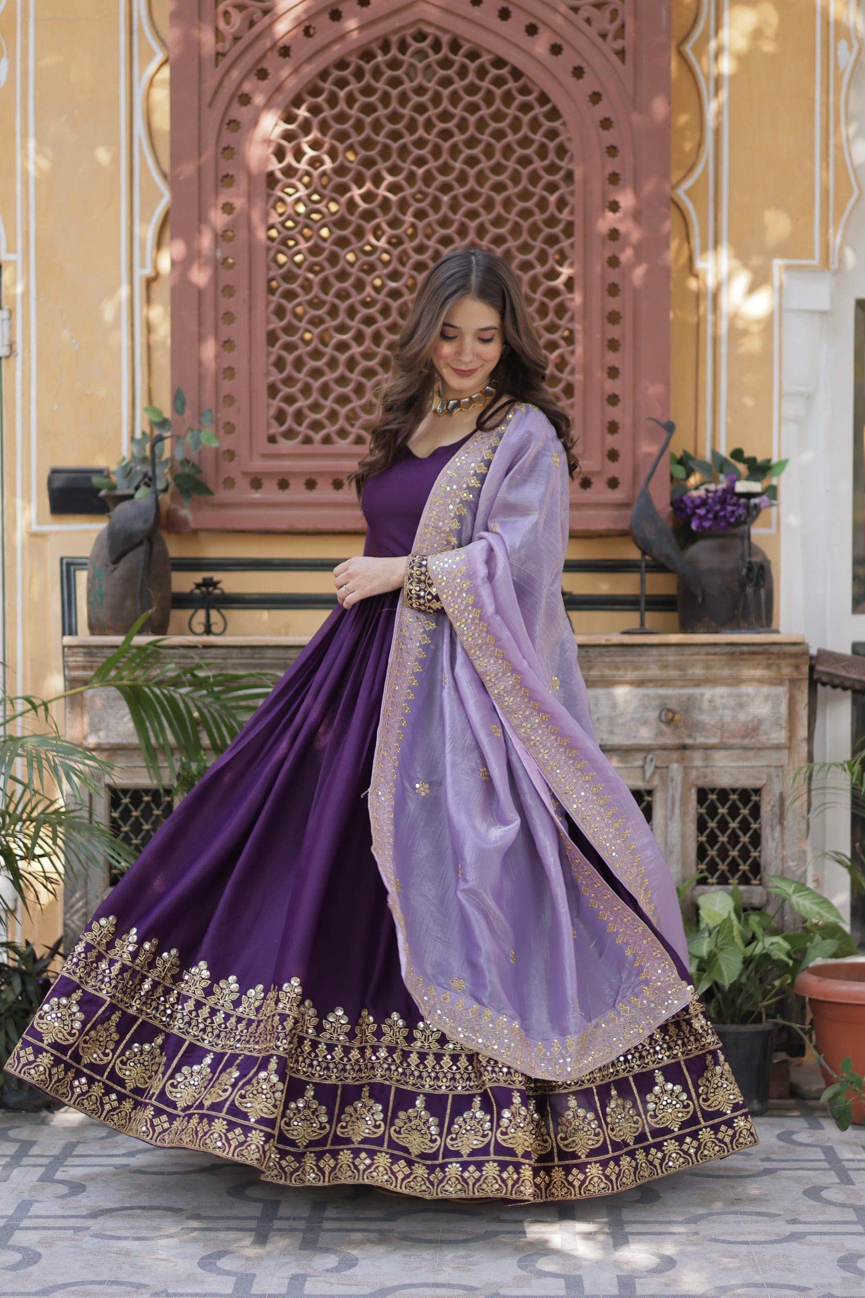 Violet Georgette Embroidered Sequins Gown with Dupatta