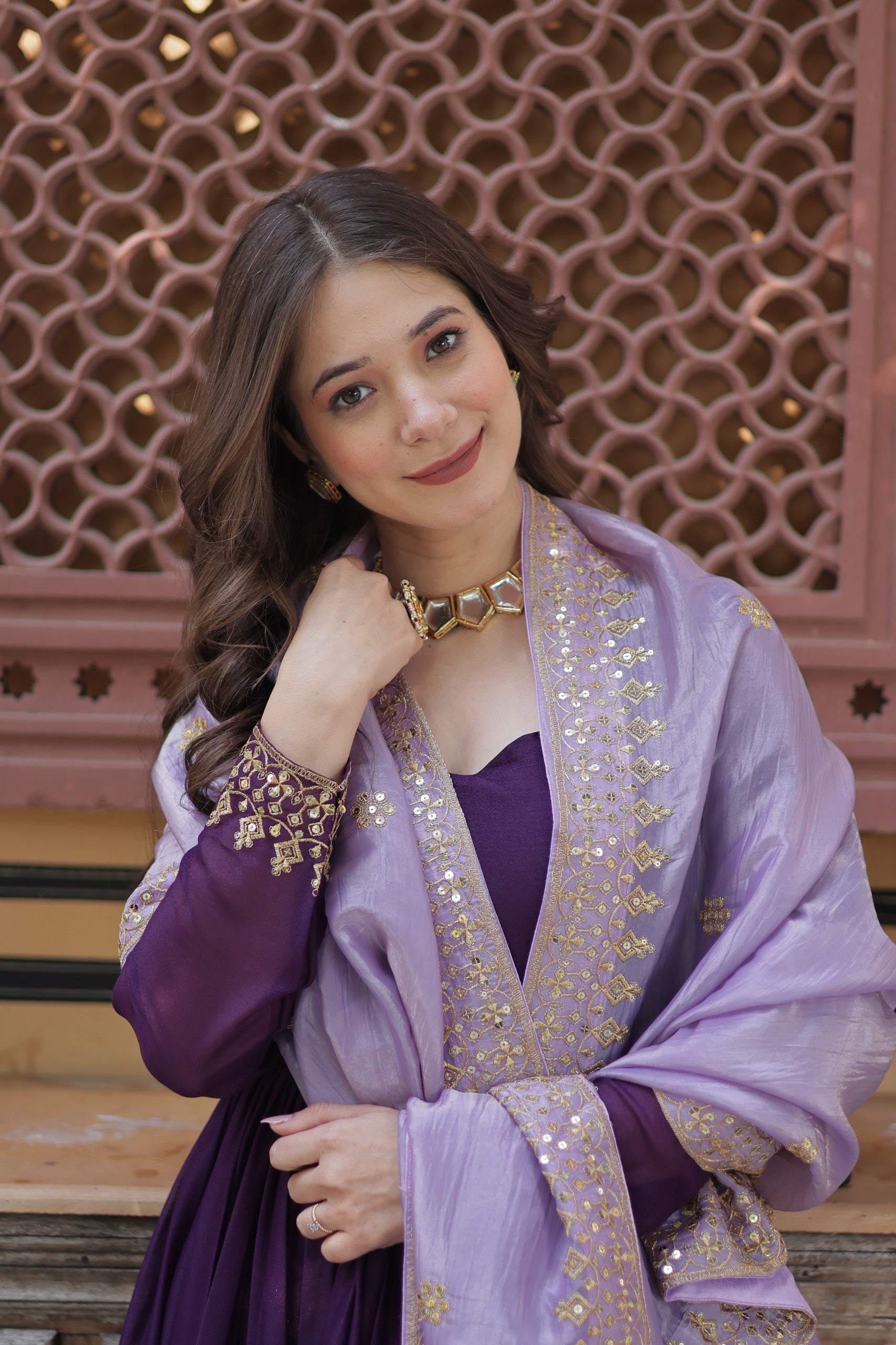 Violet Georgette Embroidered Sequins Gown with Dupatta