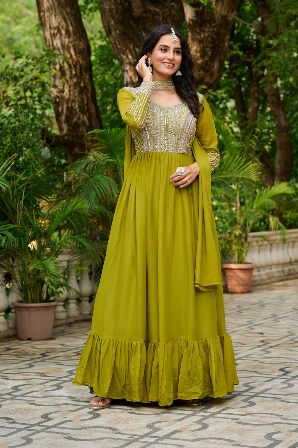Parrot Green Georgette Embroidered Sequins Work Floor-Length Gown