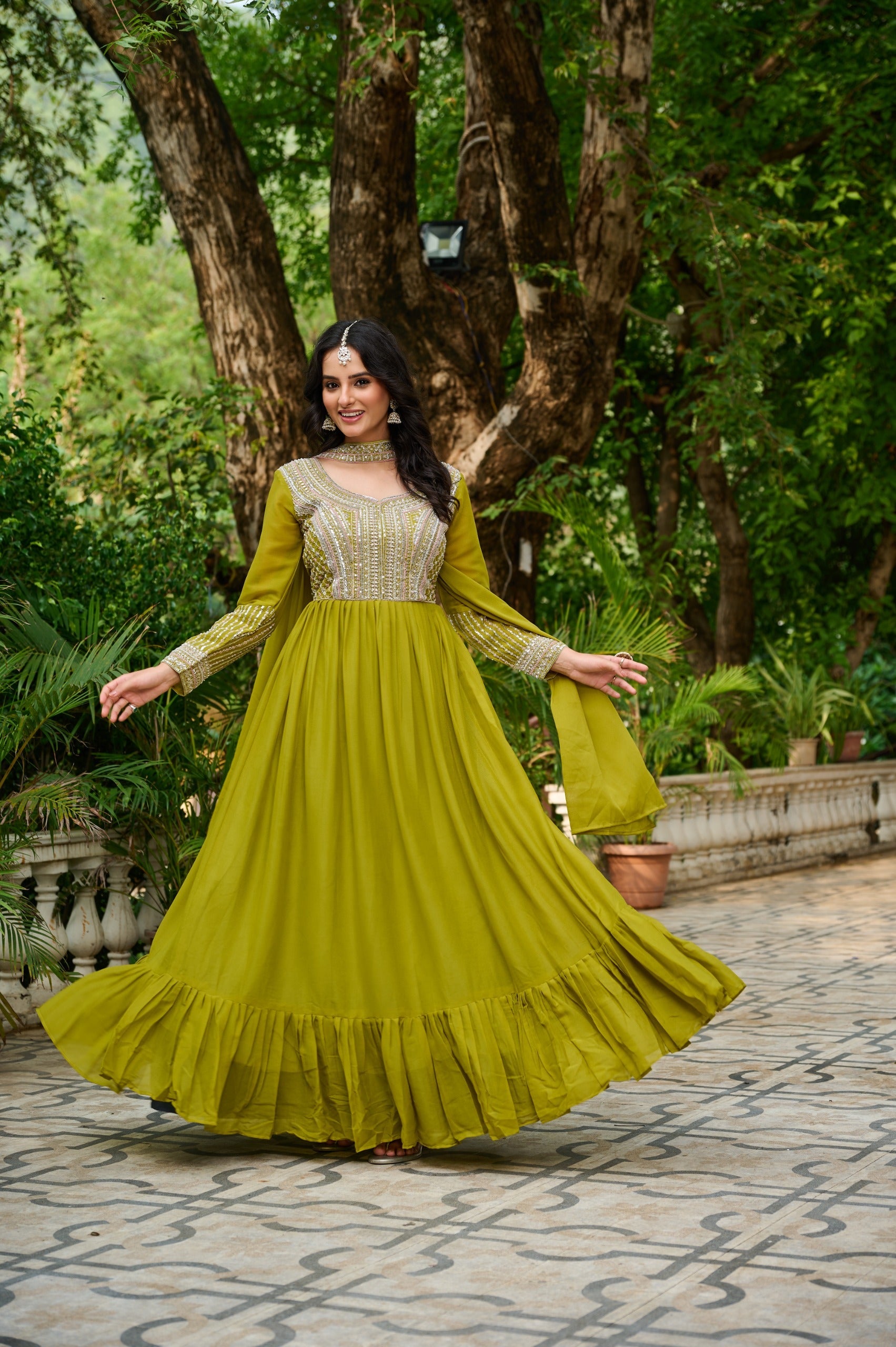Parrot Green Georgette Embroidered Sequins Work Floor-Length Gown