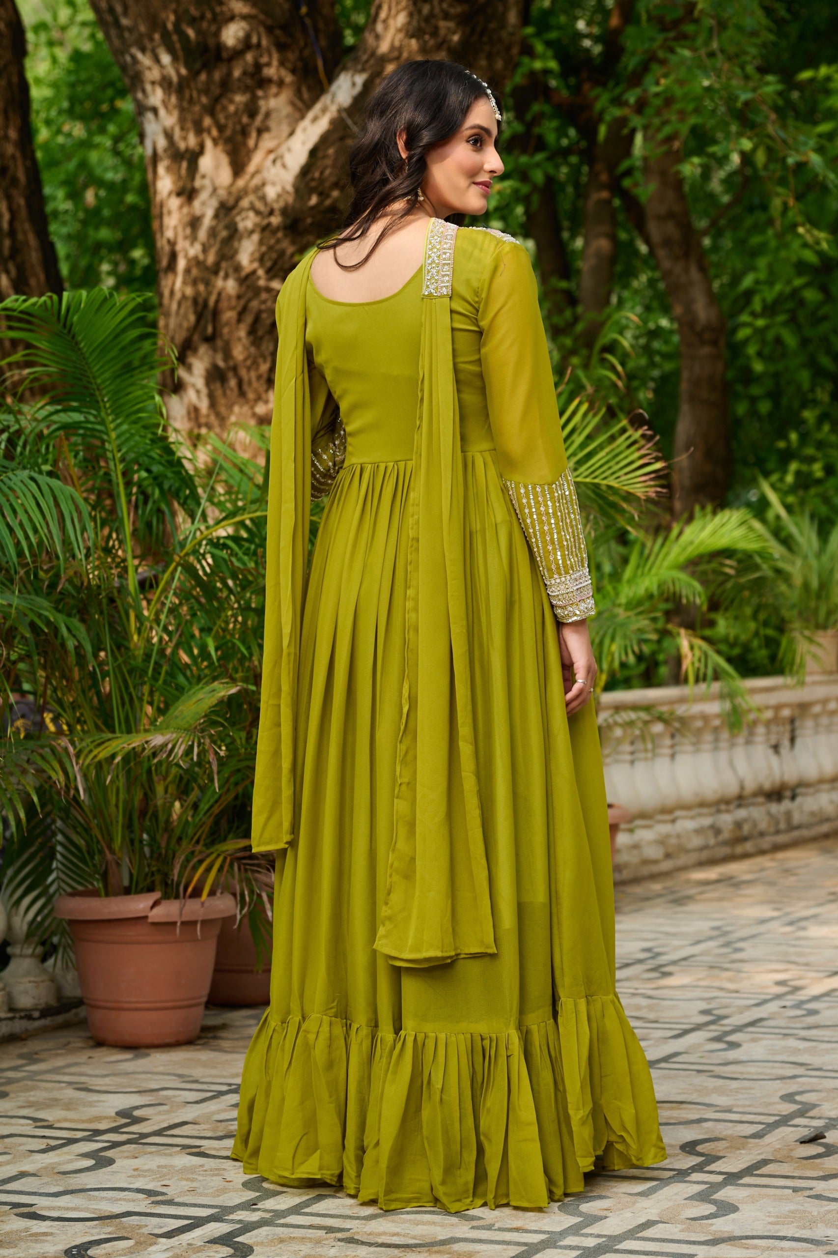 Parrot Green Georgette Embroidered Sequins Work Floor-Length Gown