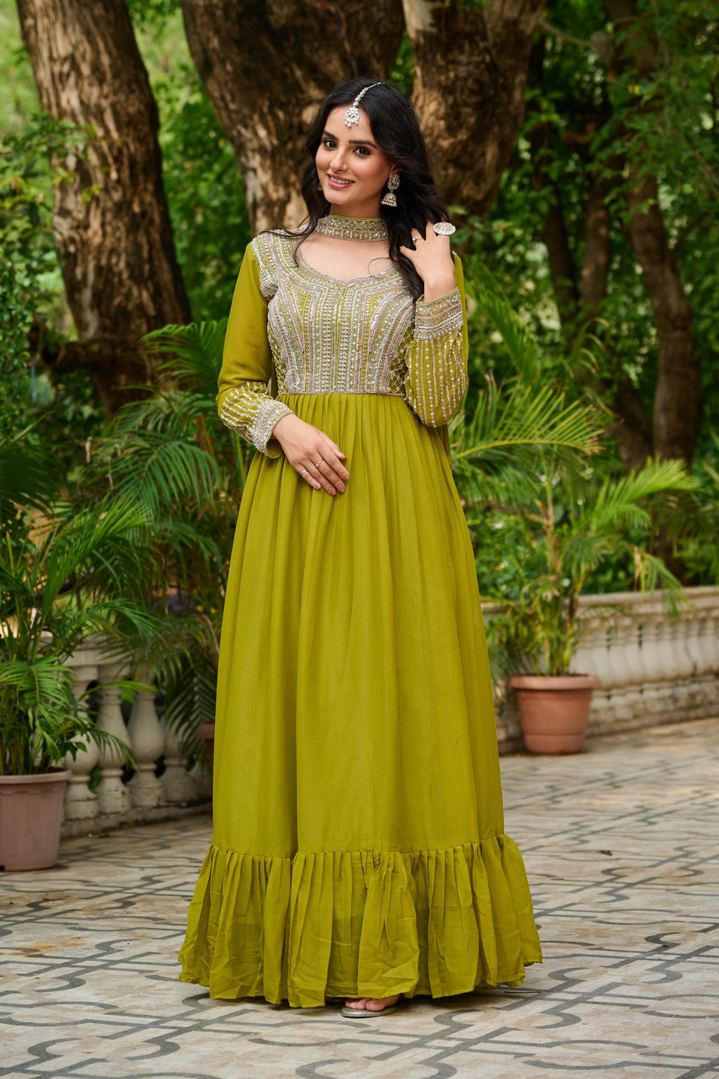 Parrot Green Georgette floor-length gown with intricate sequins and embroidery work