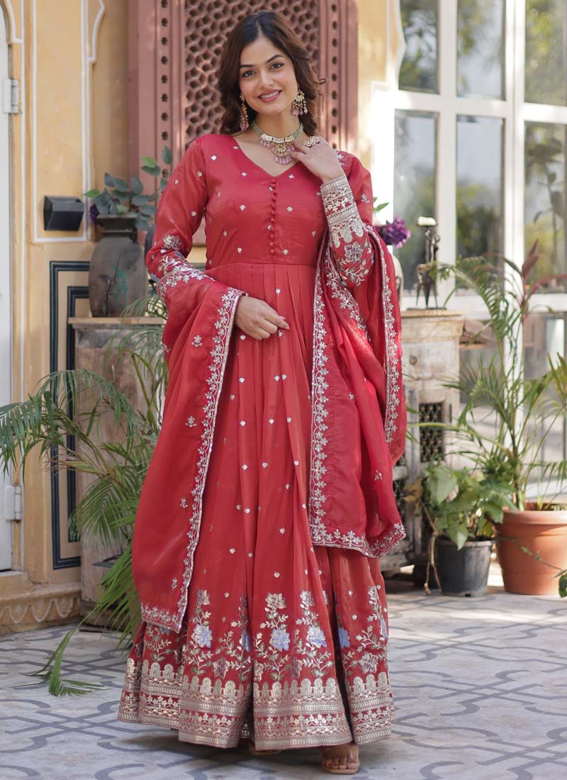 Red Viscose Cosmos Foil Embroidered Gown With Dupatta