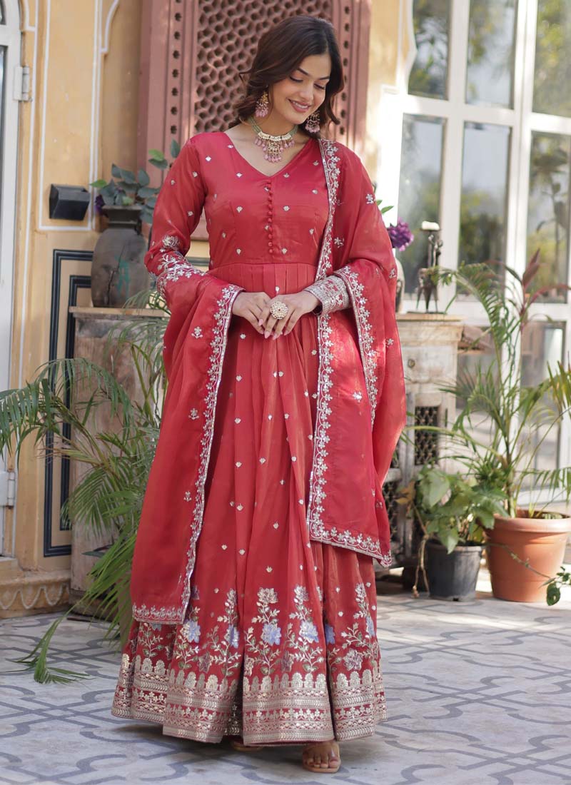 Red Viscose Cosmos Foil Embroidered Gown With Dupatta