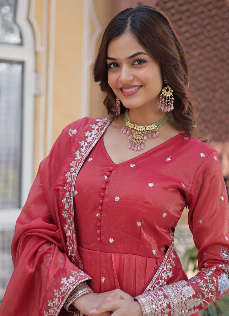 Red Viscose Cosmos Foil Embroidered Gown With Dupatta