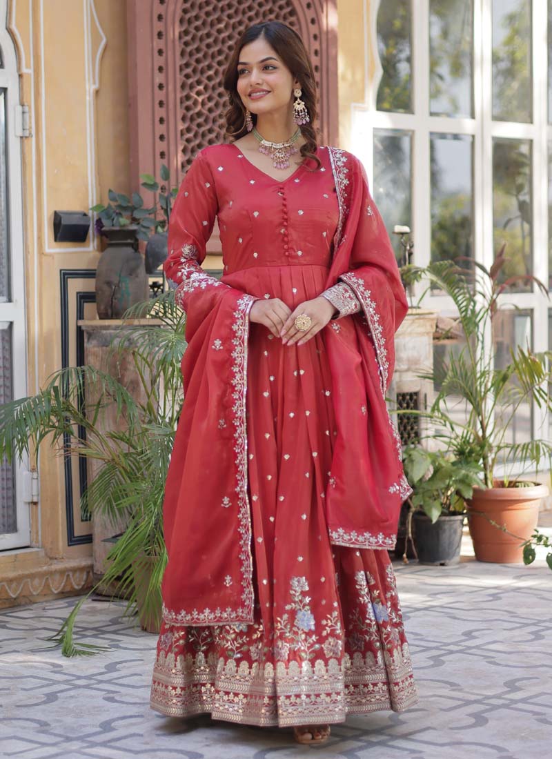 Red viscose gown with intricate gold foil embroidery and matching dupatta