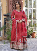 Red viscose gown with intricate gold foil embroidery and matching dupatta