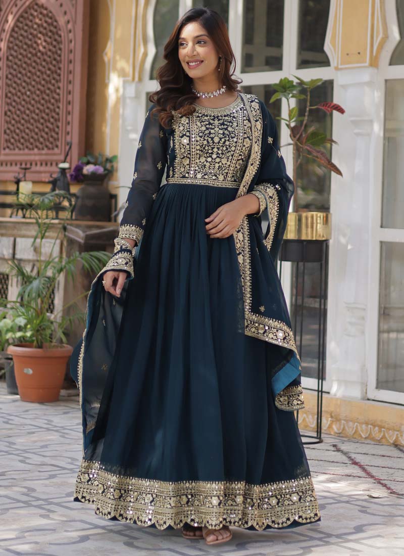 Aqua Blue Georgette Sequence Embroidered Gown With Dupatta