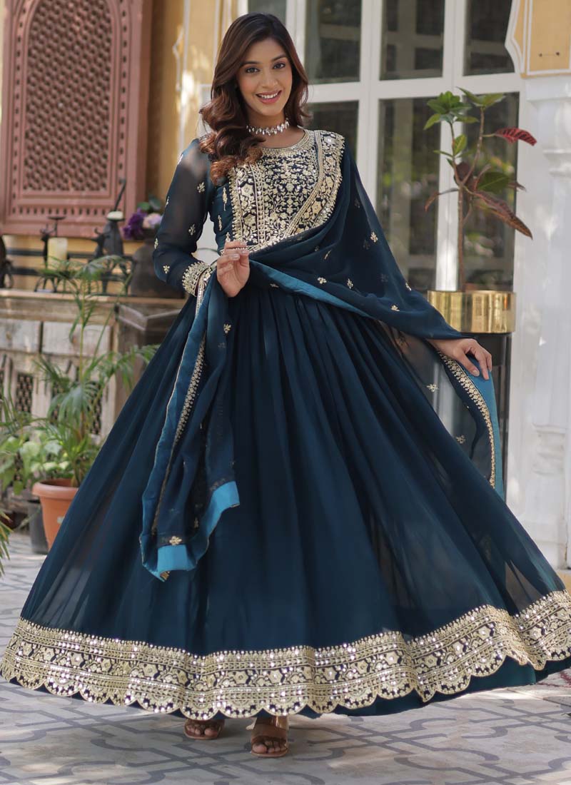 Aqua Blue Georgette Sequence Embroidered Gown With Dupatta