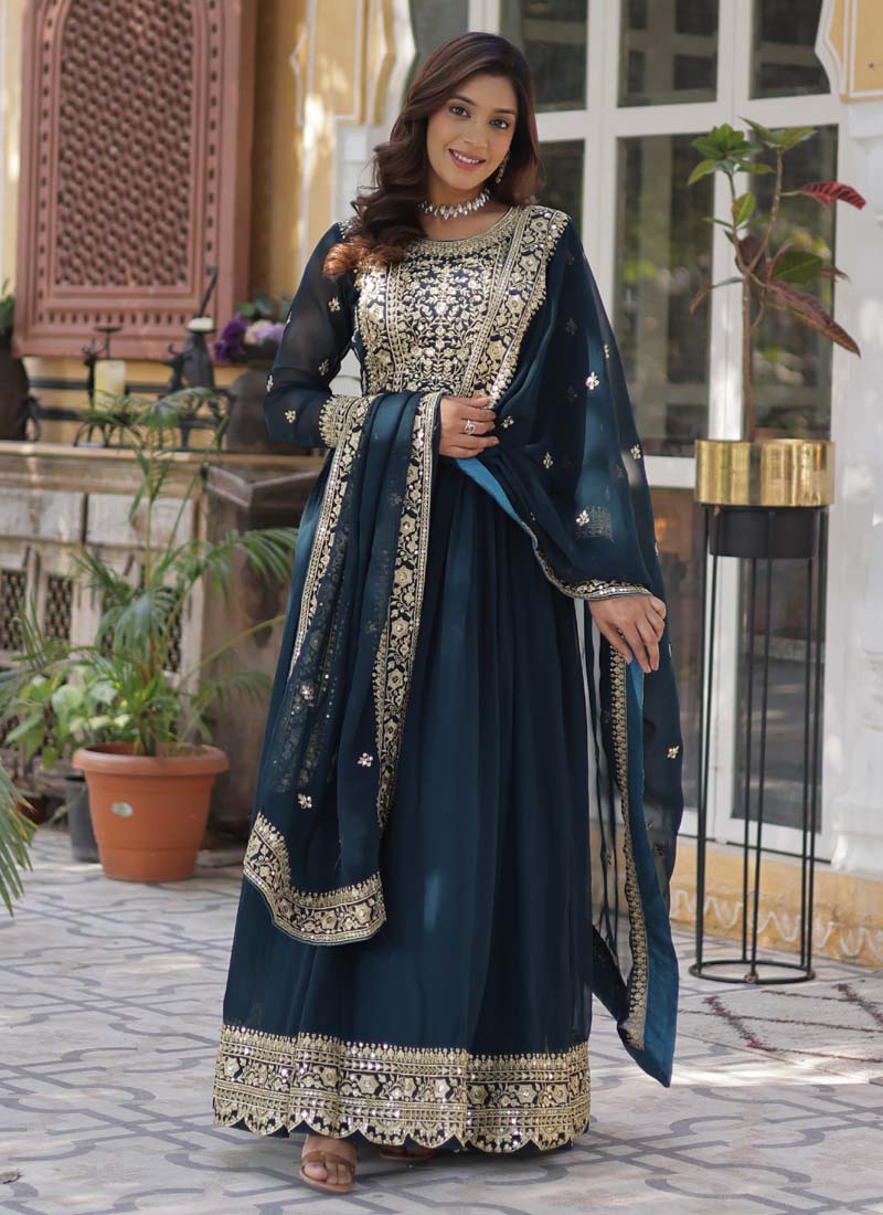 Aqua Blue Georgette Sequence Embroidered Gown With Dupatta