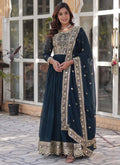 Aqua blue georgette gown with sequence embroidery and a matching dupatta