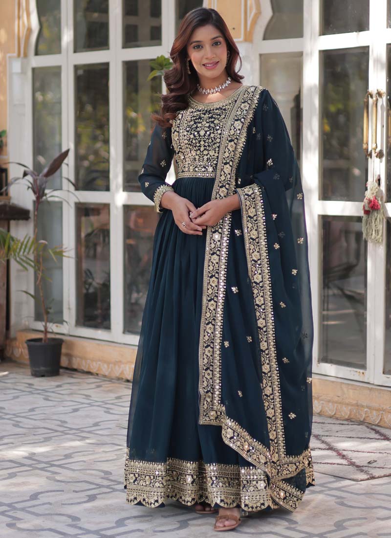 Aqua blue georgette gown with sequence embroidery and a matching dupatta